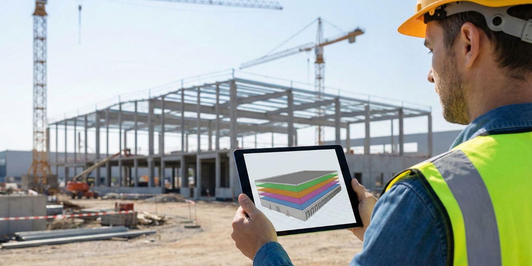 Ein Logistikplaner auf einer Baustelle hält ein Tablet, auf dem ein 3D-Modell eines mehrgeschossigen Logistikgebäudes mit farblich markierten Geschossflächen zur Berechnung der GFZ (Geschossflächenzahl) dargestellt ist